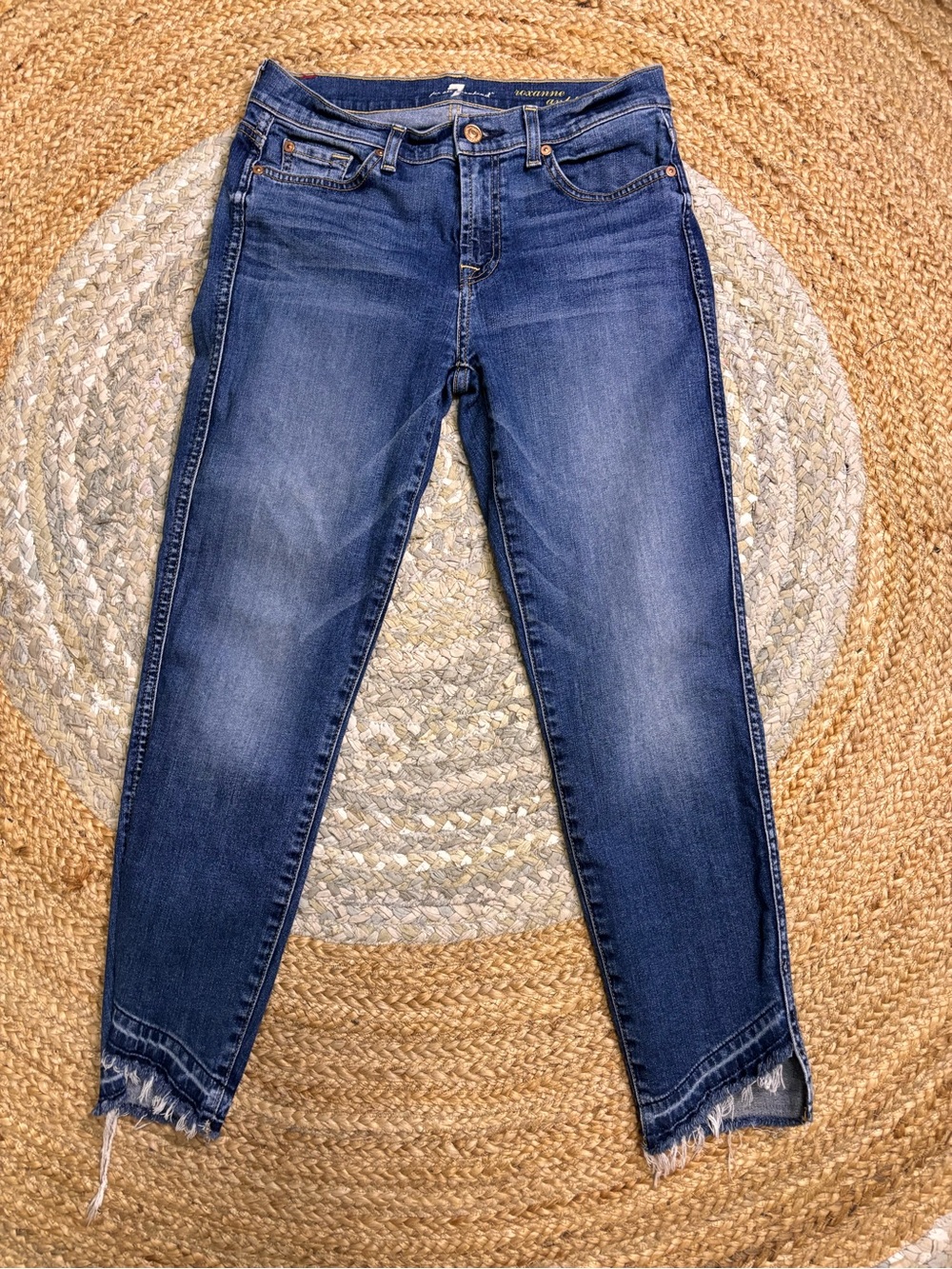 7 For All Mankind Blue Ankle Crop Frayed Hem Jeans